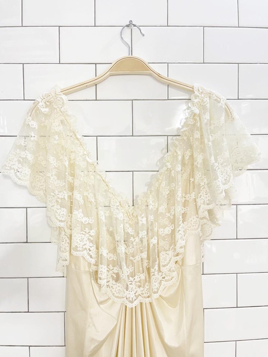 vintage lace ruffle shoulder trim sateen poly knit slip maxi dress - good market thrift store