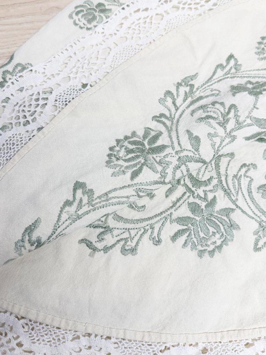 vintage lace trim embroidered round tablecloth - good market thrift store