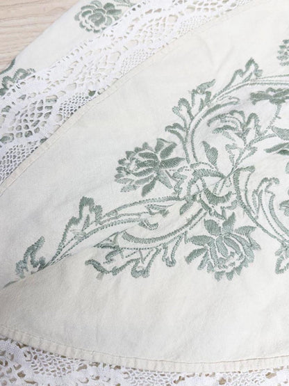 vintage lace trim embroidered round tablecloth - good market thrift store