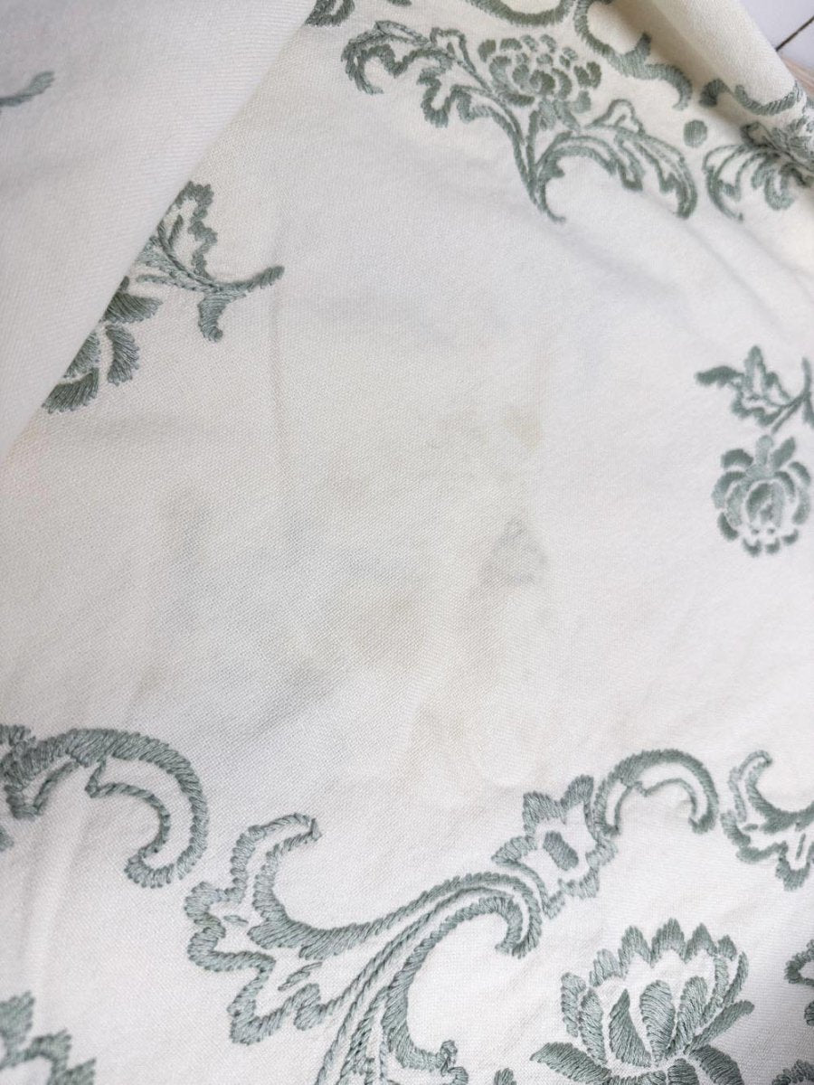 vintage lace trim embroidered round tablecloth - good market thrift store