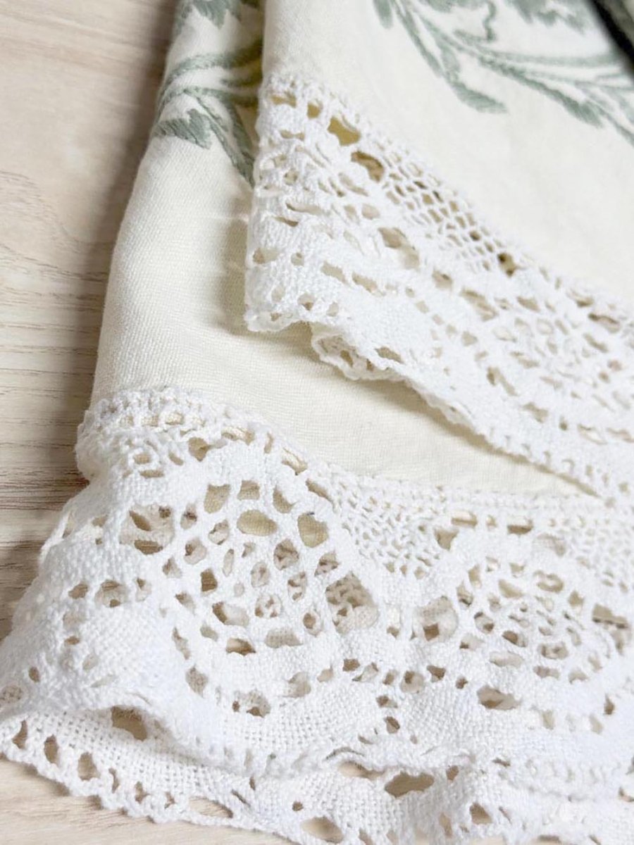 vintage lace trim embroidered round tablecloth - good market thrift store