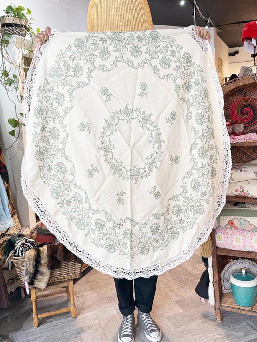 vintage lace trim embroidered round tablecloth - good market thrift store