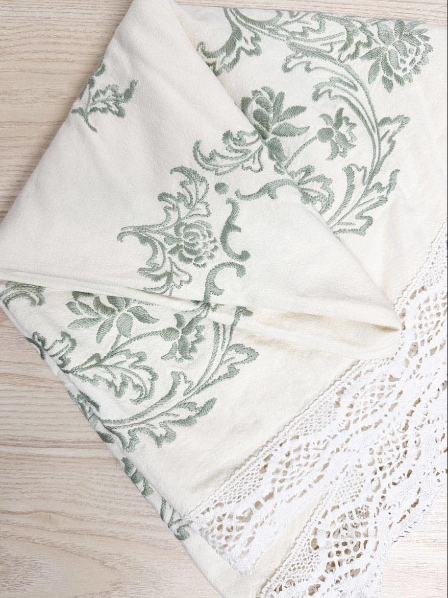 vintage lace trim embroidered round tablecloth - good market thrift store