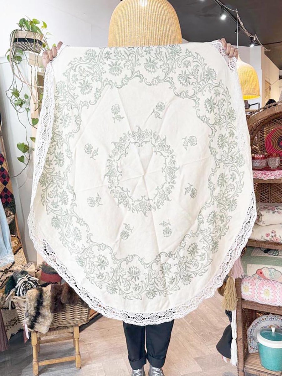 vintage lace trim embroidered round tablecloth - good market thrift store
