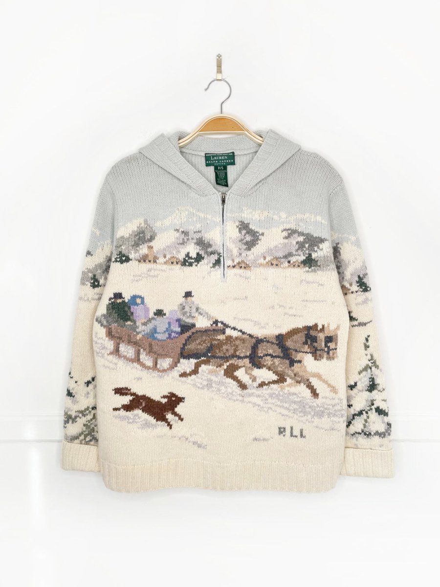 vintage lauren RL 100% lambswool hand - knit sleigh ride 1/4 zip knit hoodie | ralph lauren - good market thrift store