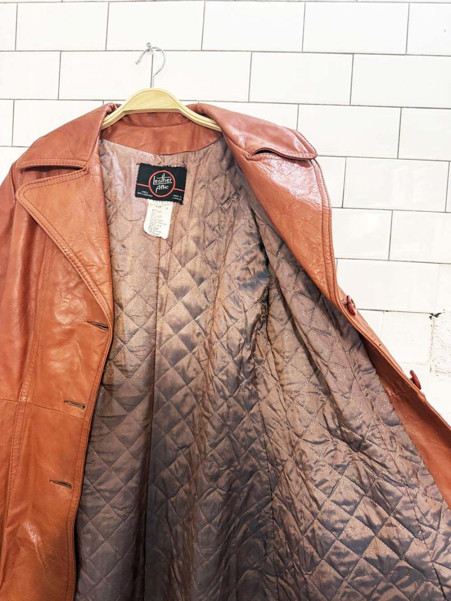 vintage leather attic belted leather trench coat | made in Canada - good market thrift store