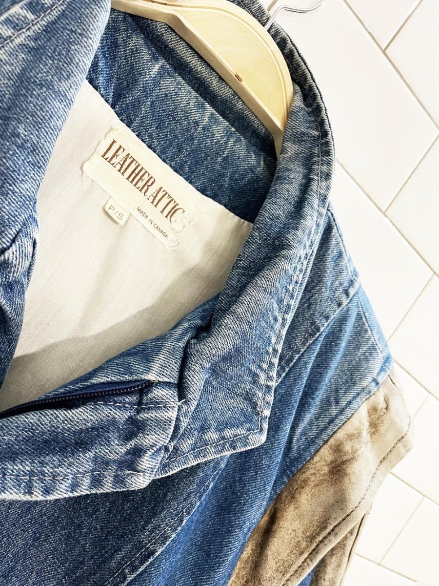 vintage leather attic oversized leather trim denim bomber jacket - good market thrift store