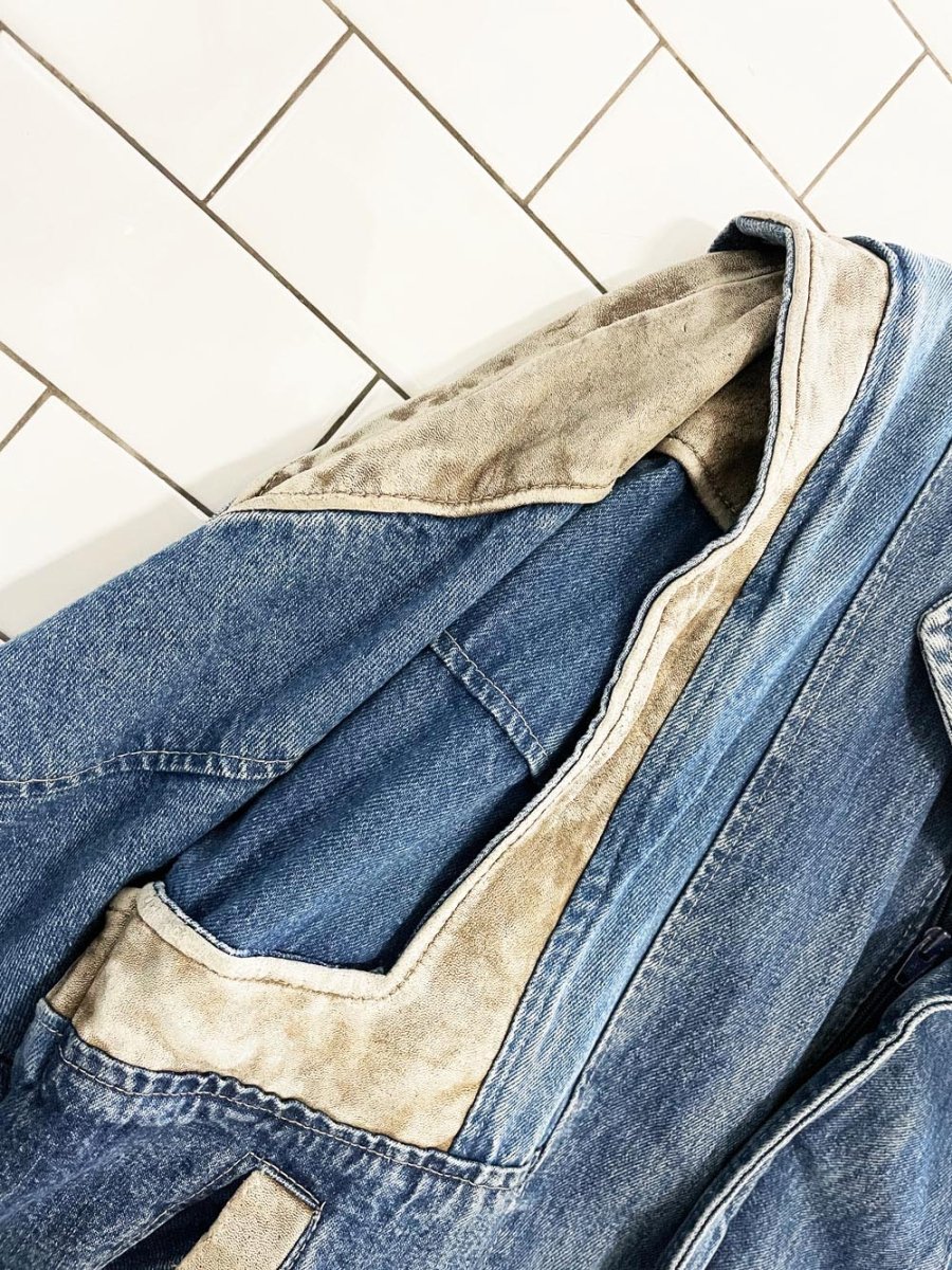 vintage leather attic oversized leather trim denim bomber jacket - good market thrift store