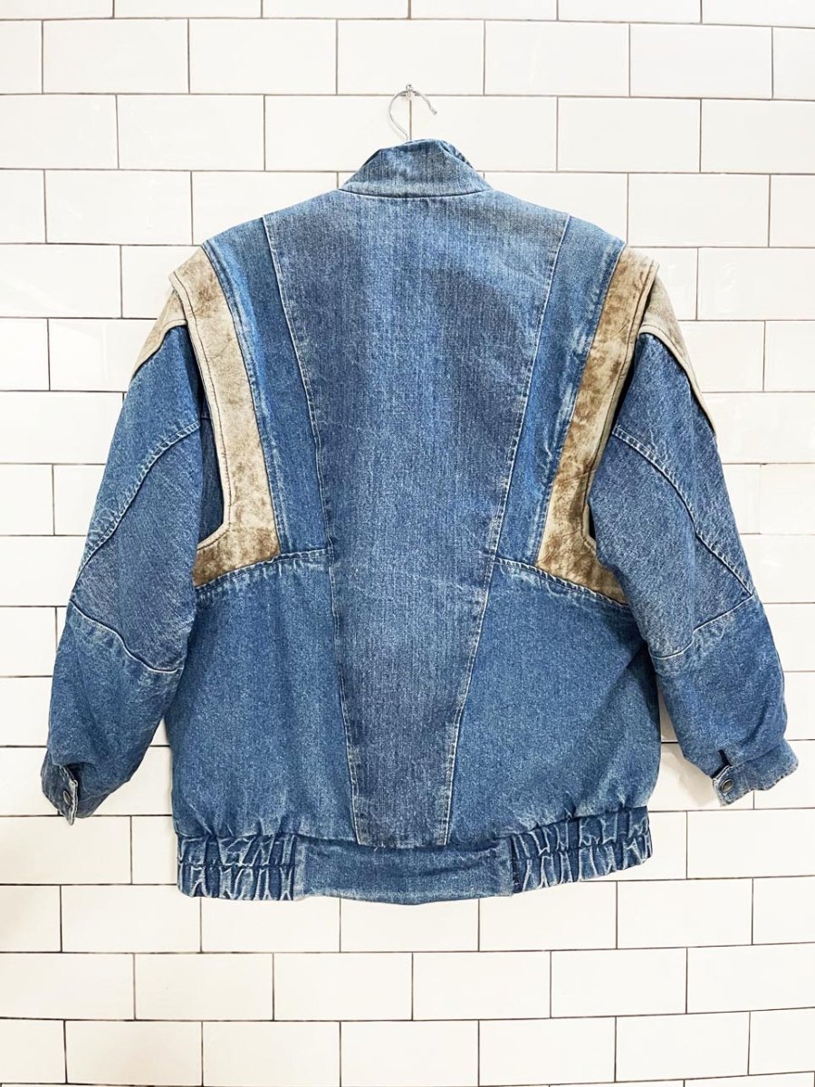 vintage leather attic oversized leather trim denim bomber jacket - good market thrift store