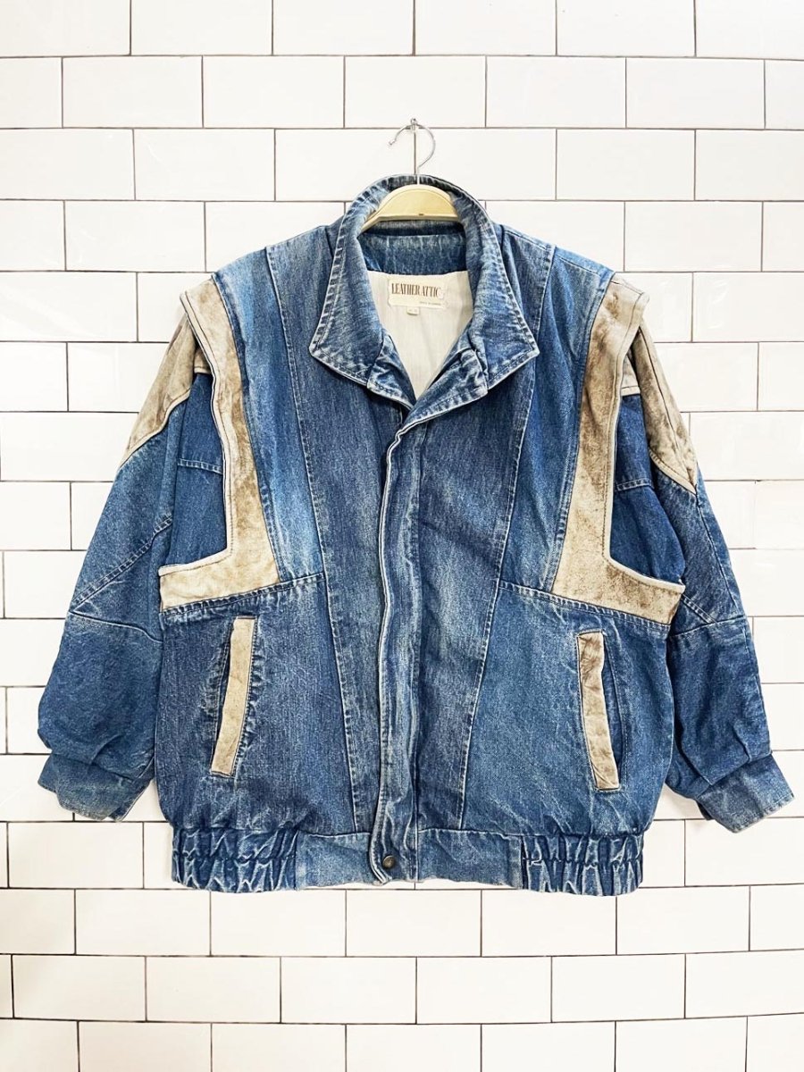 vintage leather attic oversized leather trim denim bomber jacket - good market thrift store