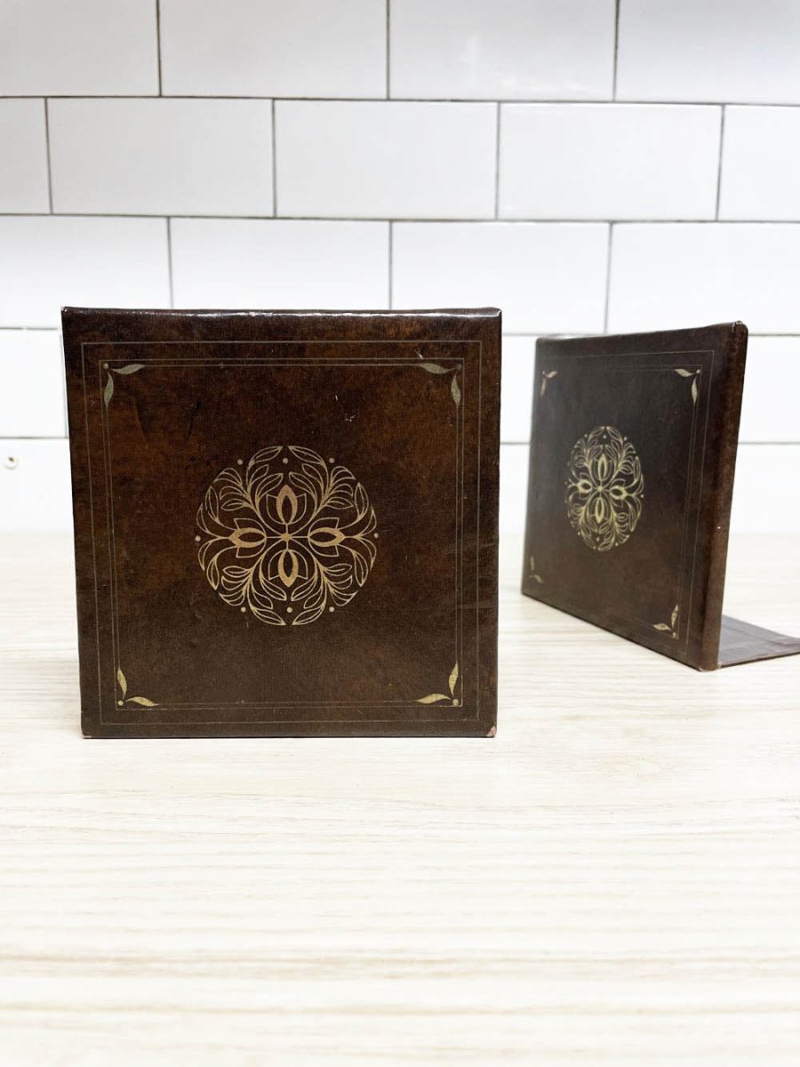 vintage leather bound gold scroll book ends - good market thrift store