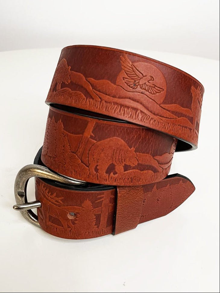 vintage leather embossed two-tone woodland animals belt - good market thrift store