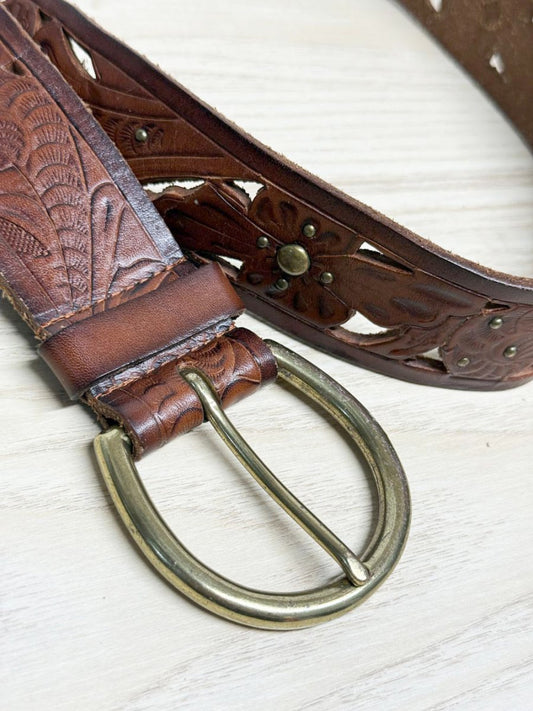 vintage leather floral tooled cutout belt - good market thrift store