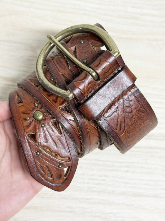 vintage leather floral tooled cutout belt - good market thrift store