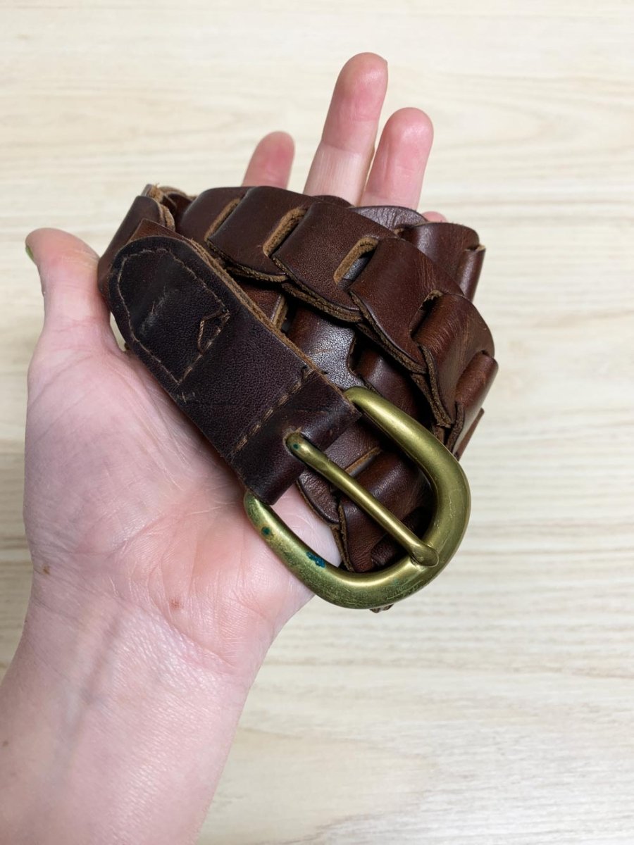 vintage leather ladder strap belt with brass buckle - good market thrift store
