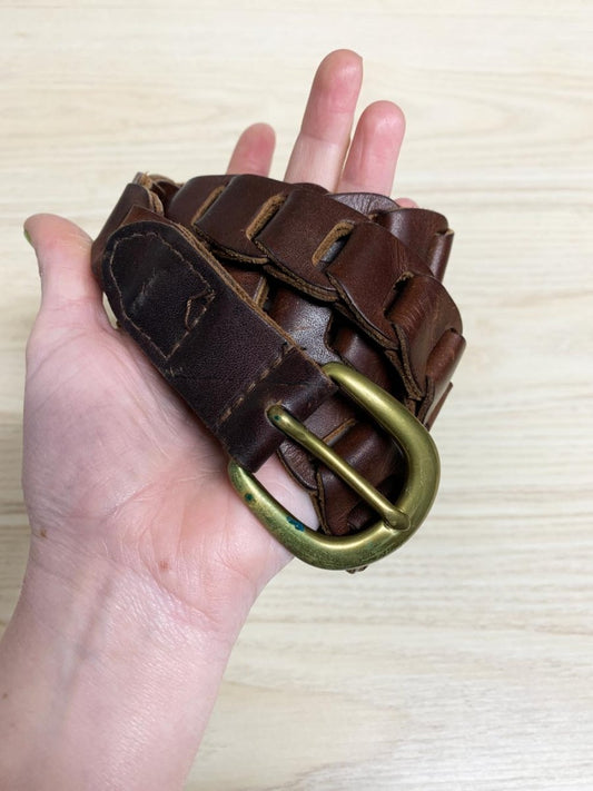 vintage leather ladder strap belt with brass buckle - good market thrift store