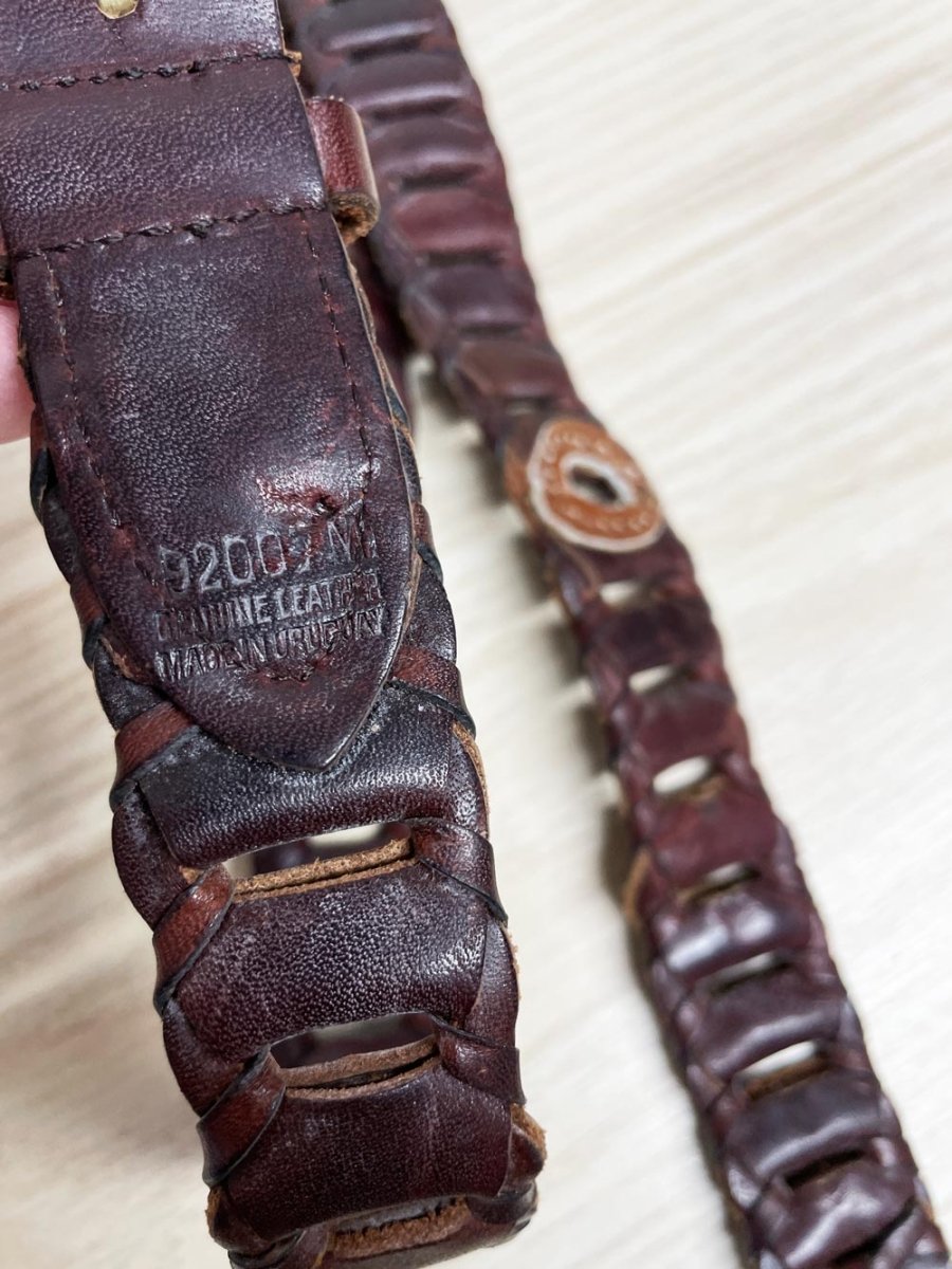 vintage leather ladder strap belt with brass buckle - good market thrift store