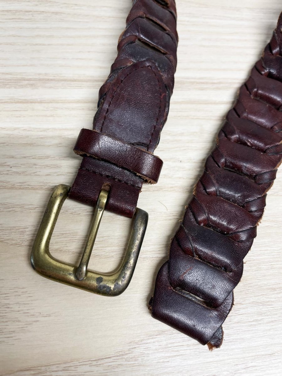 vintage leather ladder strap belt with brass buckle - good market thrift store