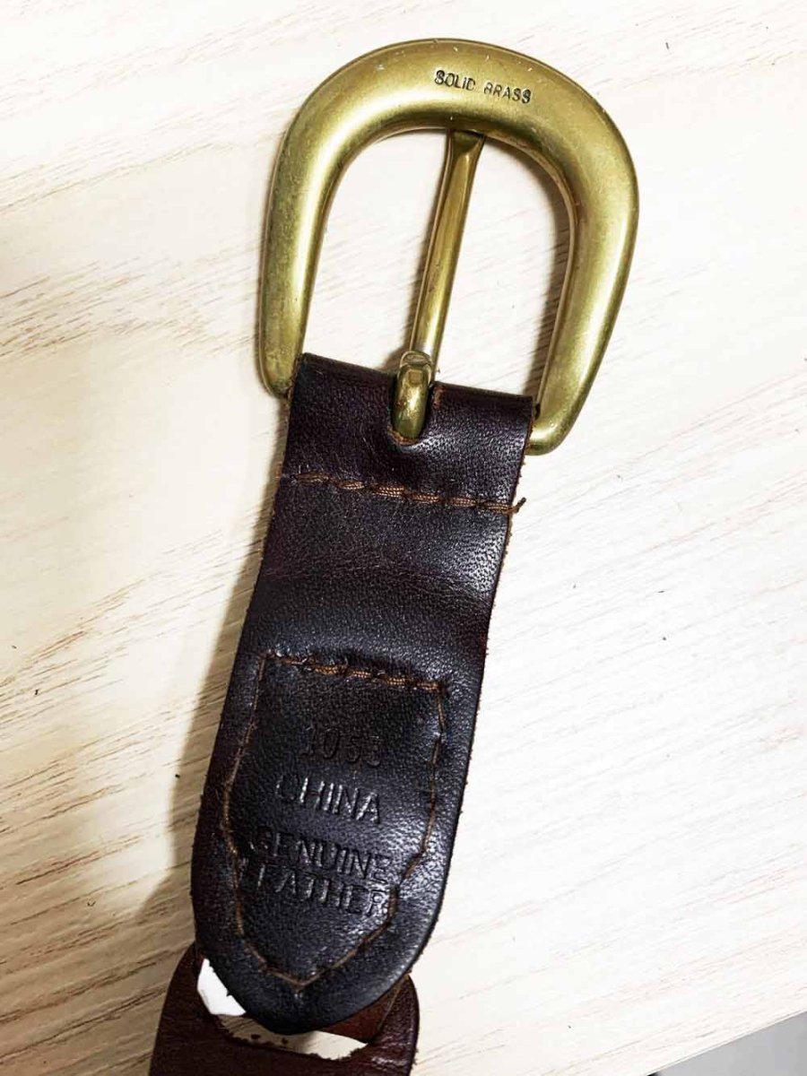 vintage leather ladder strap belt with brass buckle - good market thrift store