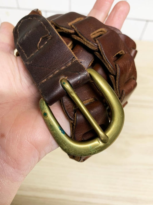 vintage leather ladder strap belt with brass buckle - good market thrift store