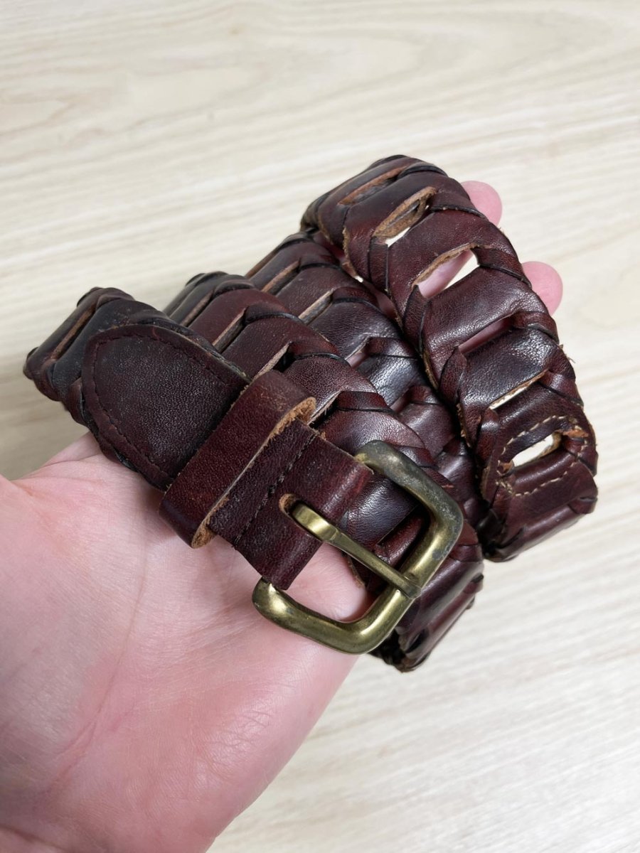 vintage leather ladder strap belt with brass buckle - good market thrift store