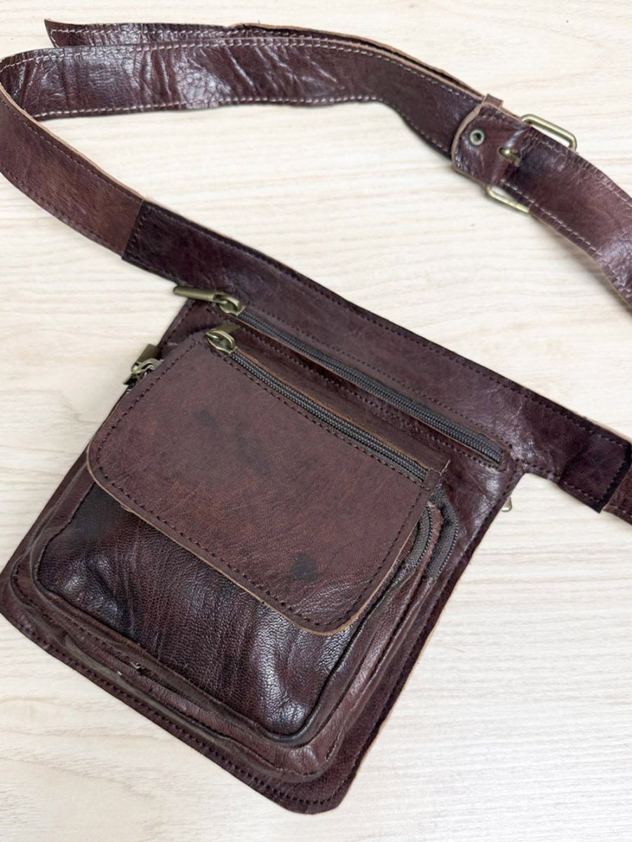 vintage leather multi - pocket buckle belt bag | fanny pack - good market thrift store