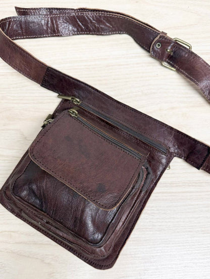 vintage leather multi - pocket buckle belt bag | fanny pack - good market thrift store