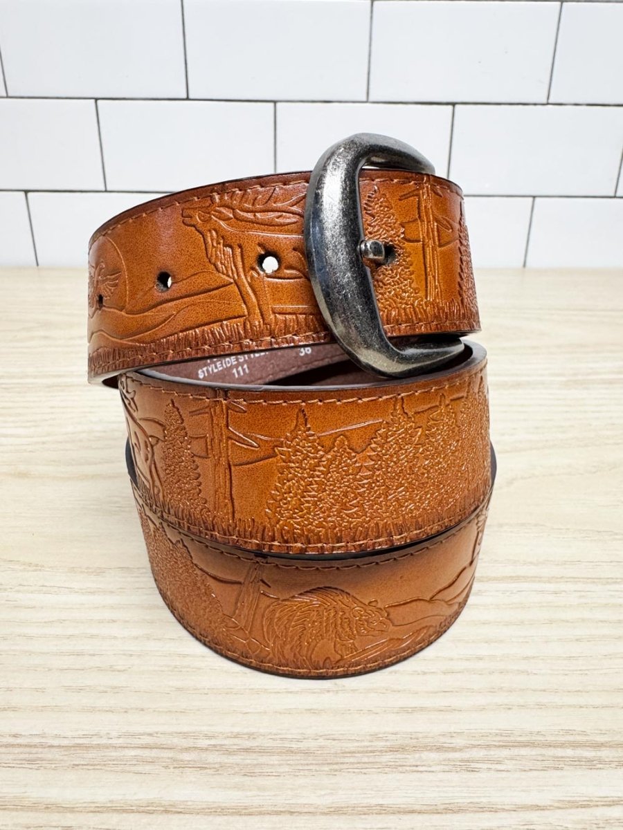 vintage leather stamped nature scene italian style belt - good market thrift store