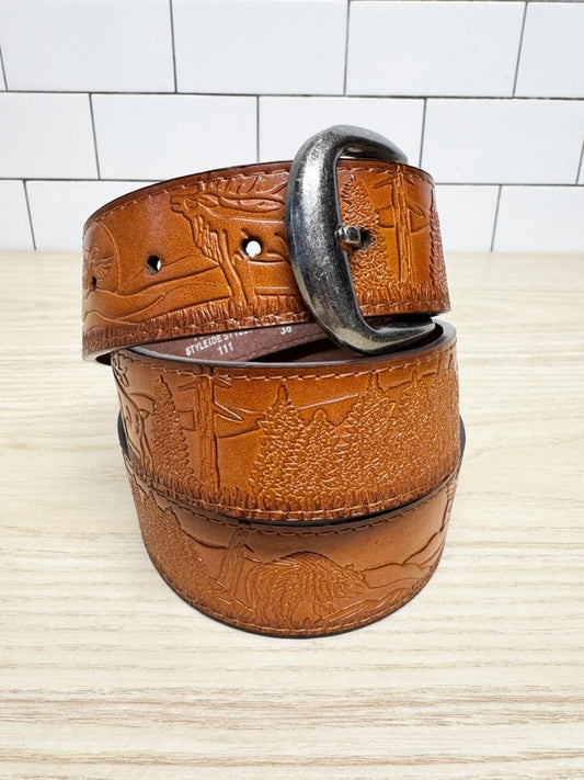 vintage leather stamped nature scene italian style belt - good market thrift store