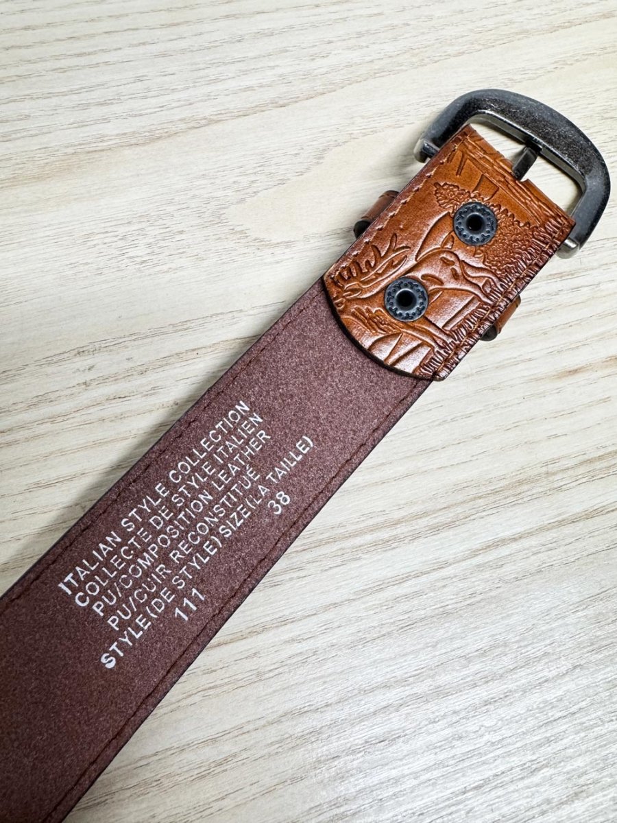 vintage leather stamped nature scene italian style belt - good market thrift store