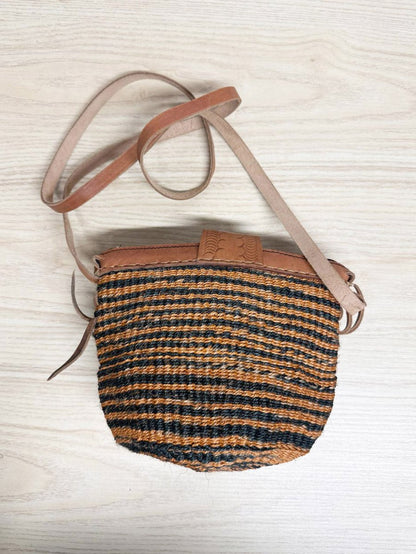 vintage leather trim woven sisal crossbody bag - good market thrift store
