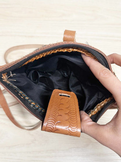 vintage leather trim woven sisal crossbody bag - good market thrift store