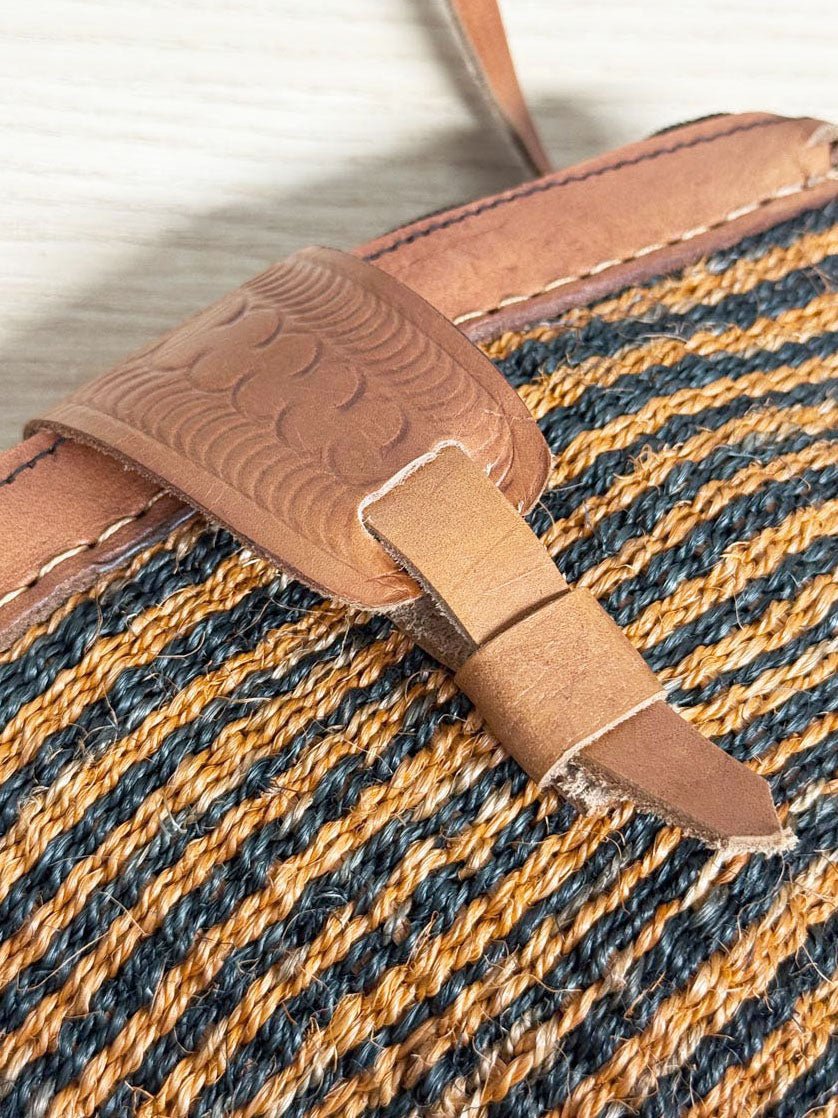 vintage leather trim woven sisal crossbody bag - good market thrift store