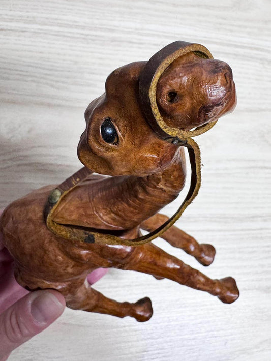 vintage leather wrapped handmade camel with glass eyes - good market thrift store