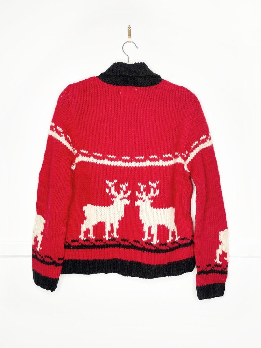 vintage limited america 100% wool hand - knit reindeer cowichan zip cardigan jacket - good market thrift store