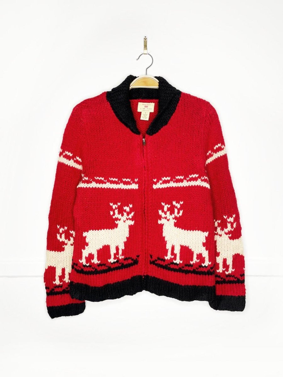 vintage limited america 100% wool hand - knit reindeer cowichan zip cardigan jacket - good market thrift store