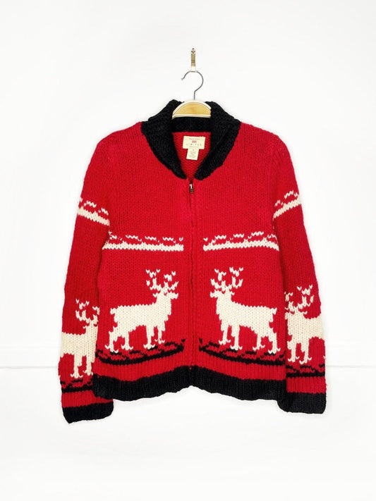 vintage limited america 100% wool hand - knit reindeer cowichan zip cardigan jacket - good market thrift store