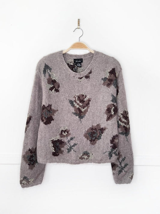 vintage limited hand-knit mohair-wool blend floral boxy knit sweater - good market thrift store