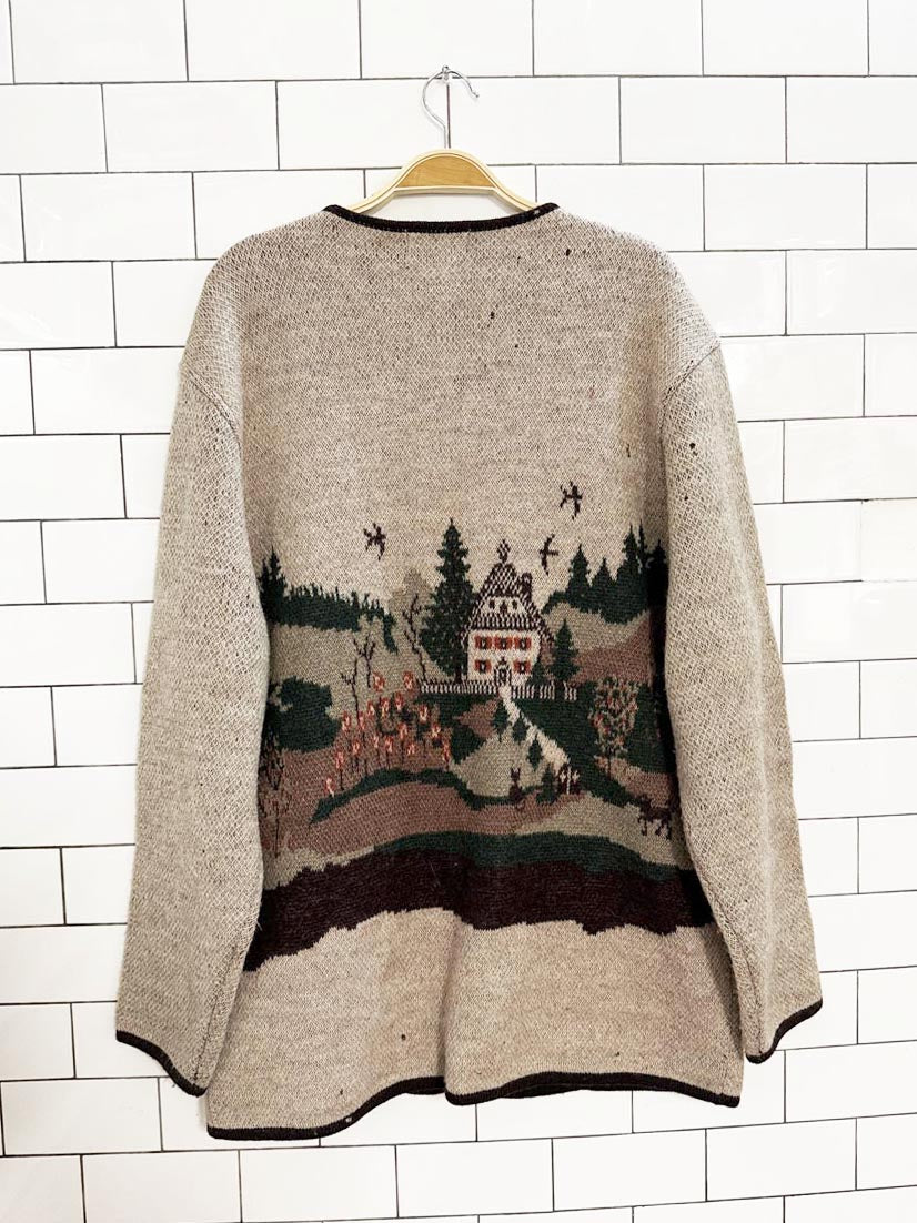 vintage lindor 100% wool cottage nature scene knit cardigan - good market thrift store