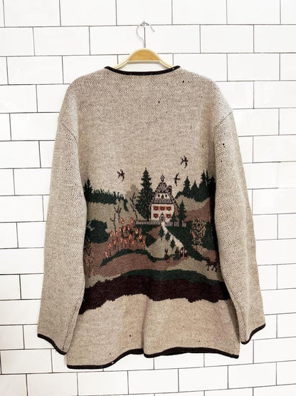 vintage lindor 100% wool cottage nature scene knit cardigan - good market thrift store