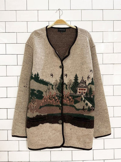 vintage lindor 100% wool cottage nature scene knit cardigan - good market thrift store