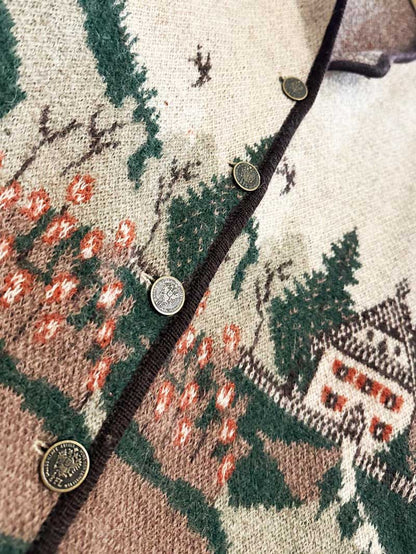 vintage lindor 100% wool cottage nature scene knit cardigan - good market thrift store