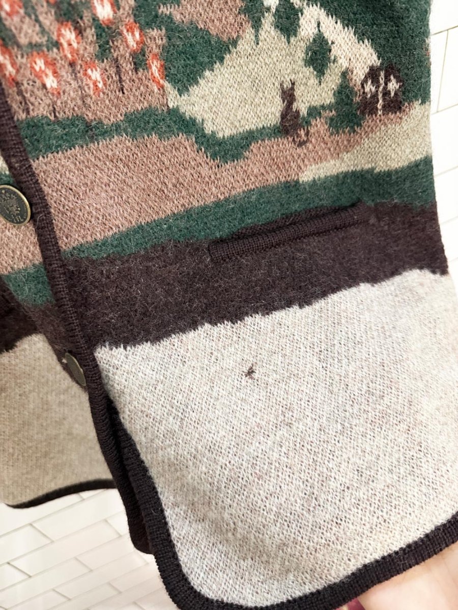 vintage lindor 100% wool cottage nature scene knit cardigan - good market thrift store