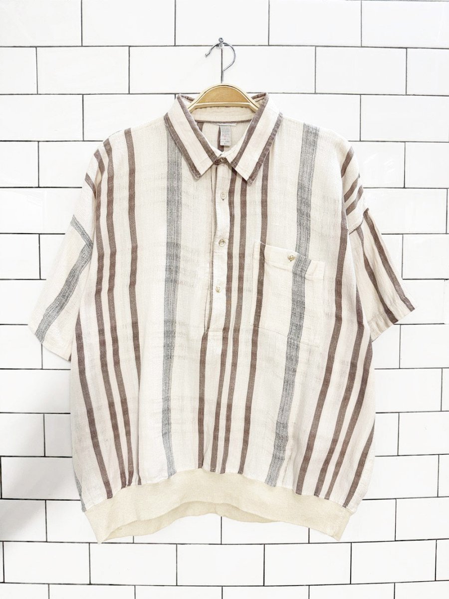 vintage linen - blend striped half button blouson shirt - good market thrift store