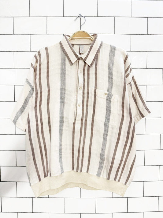 vintage linen - blend striped half button blouson shirt - good market thrift store