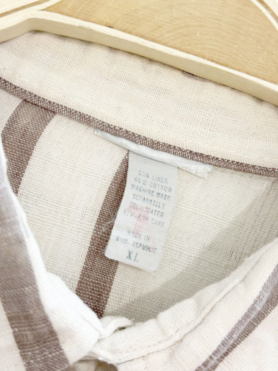 vintage linen - blend striped half button blouson shirt - good market thrift store