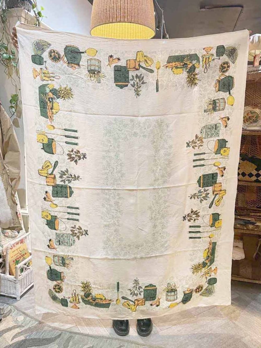 vintage linen harvest farming illustrations table cloth - good market thrift store