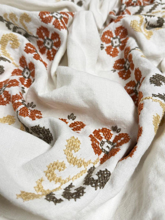 vintage linen retro floral cross stitch table cloth - good market thrift store