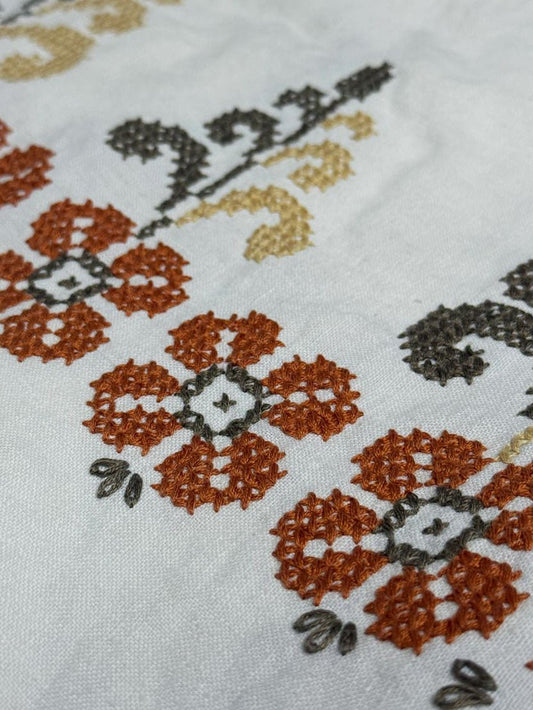vintage linen retro floral cross stitch table cloth - good market thrift store
