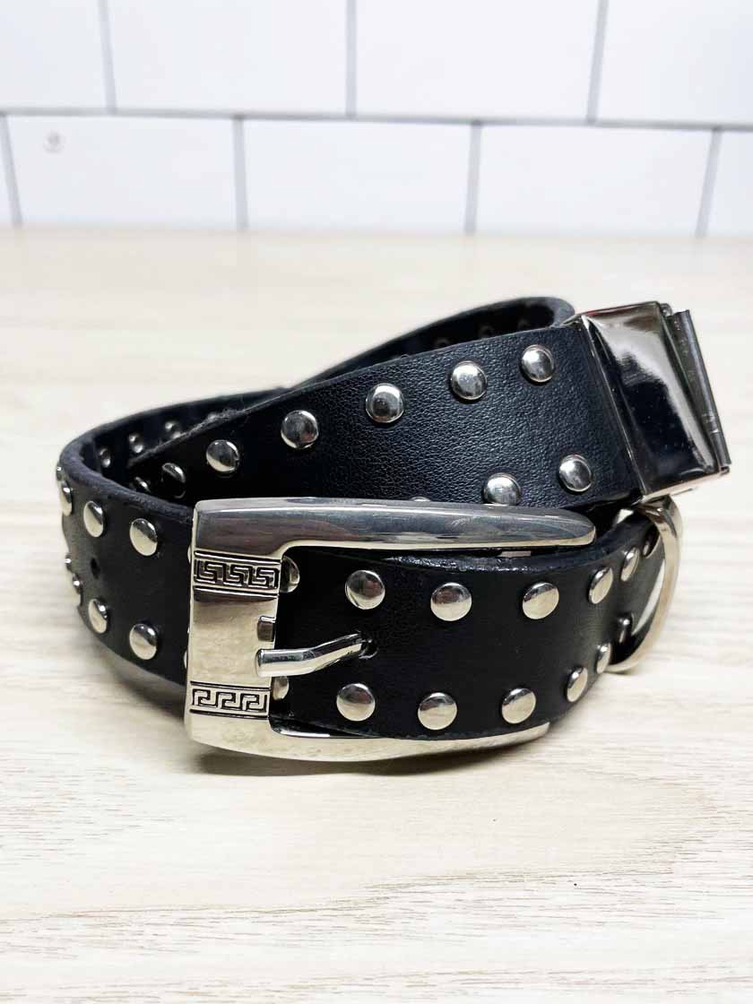 vintage lion head silver buckle studded leather belt - good market thrift store